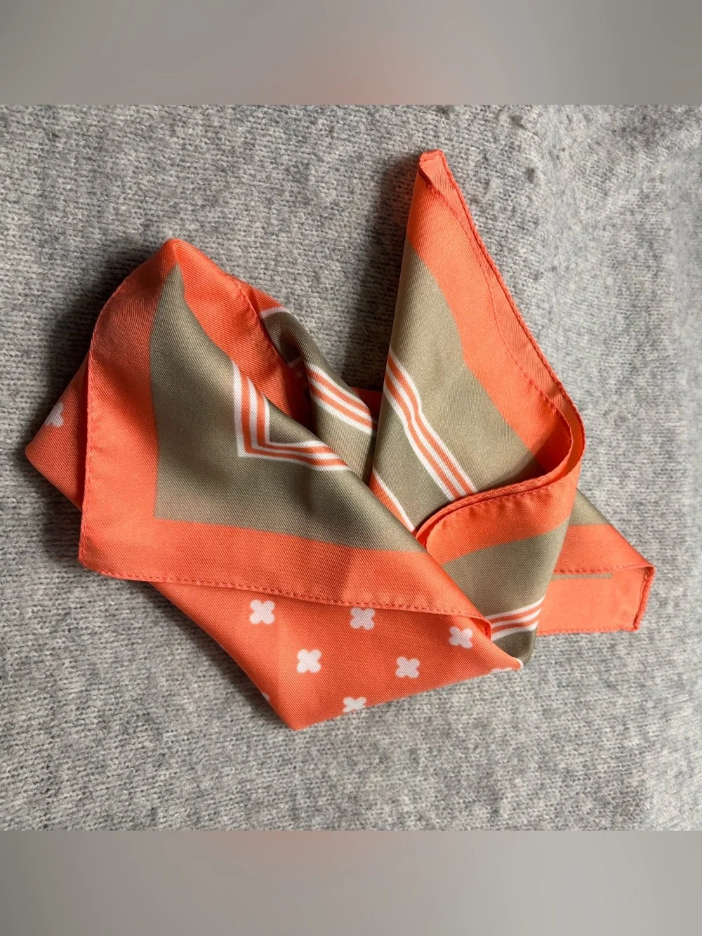 VINTAGE Orange & Tan Square Scarf, Italy, clover motif, est 70s, 80s, 90s